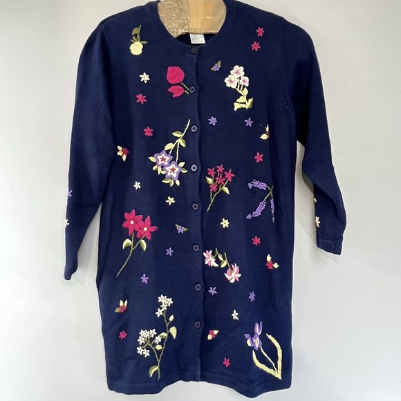 Quacker Factory Sweaters - The Quacker Factory Sweater Womens Sz L Blue Cardigan Button Up Embroidered Knit